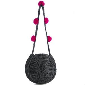 Anthropologie Round Raffia Pom Pom Shoulder Bag